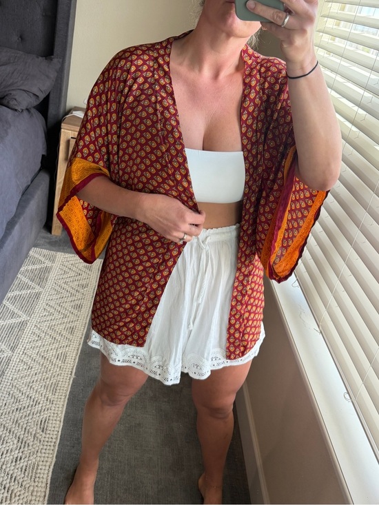 Other - 100% Silk Boho Printed Open Kimono Jacket - Red & Mustard